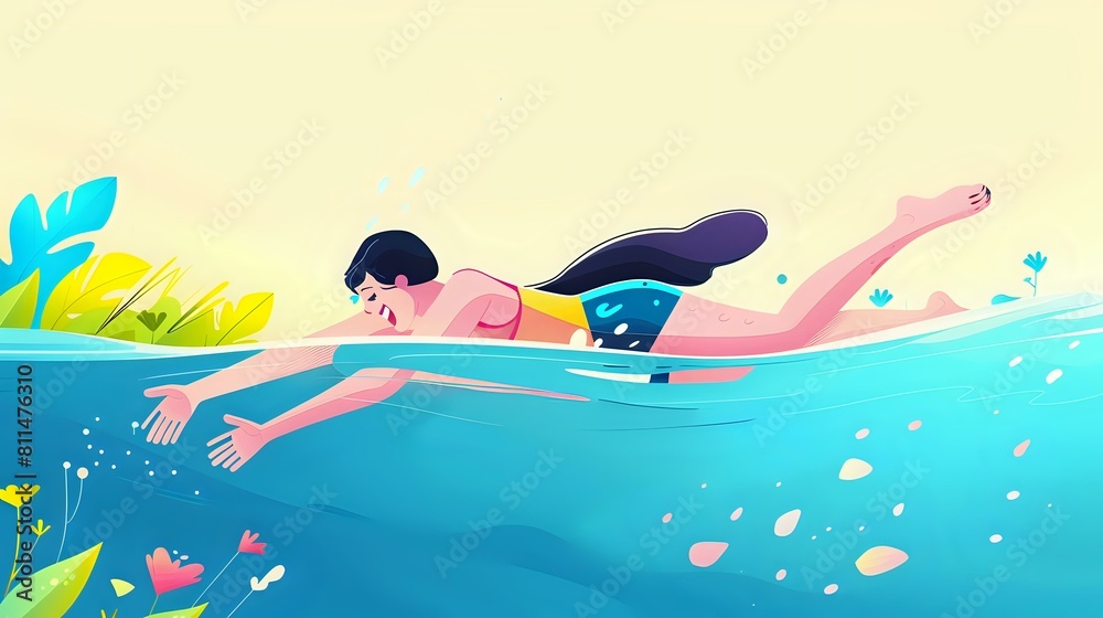 Smiling lady in swimsuit moving through the water with joy
