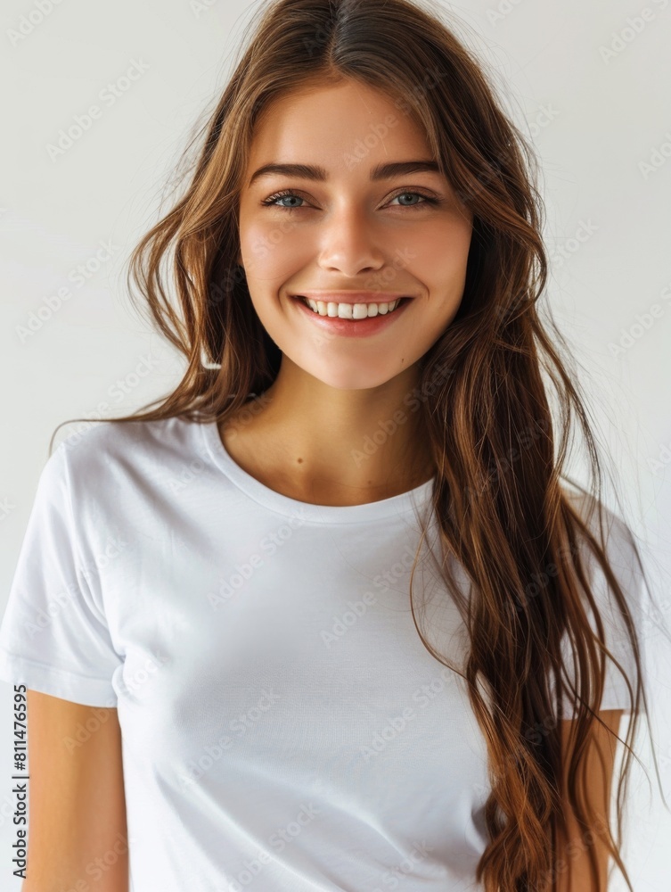 Woman wearing white tshirt mockup created with generative AI Woman wearing white tshirt mockup created with generative AI