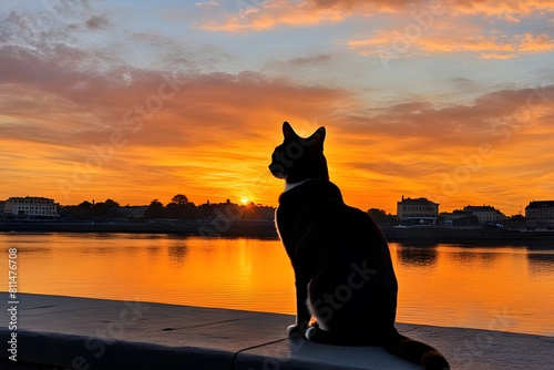 The combination of the warm shades of the sunset and the elegant appearance of the cat is amazing, korea, hyperrealistic, and photorealism, ai, generative, 석양 고양이, 夕日の猫です