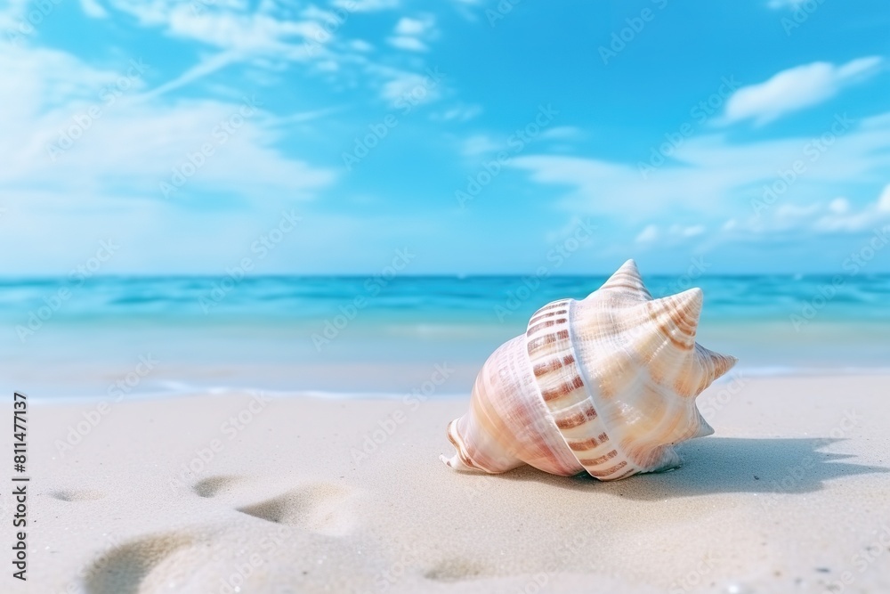 Sea shell on tropical sea and sandy beach blue sky background Sea shell on tropical sea and sandy beach blue sky background