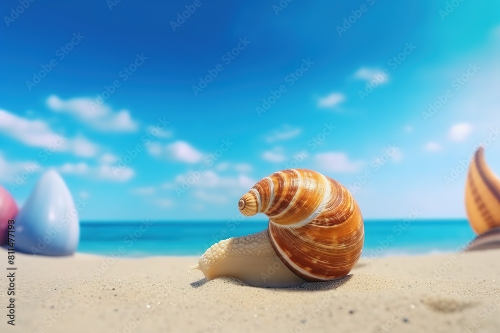 Sea Snail Banner Set Against Tropical Sea, Sandy Beach, and Blue Sky Sea Snail Banner Set Against Tropical Sea, Sandy Beach, and Blue Sky