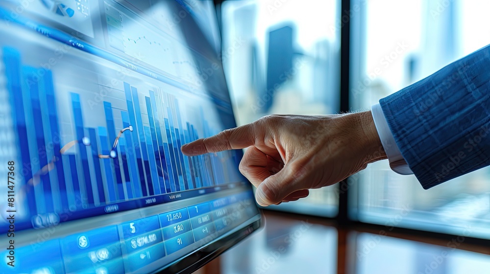 Business Hand Pointing at Screen Report. A hand in a suit gesturing towards a report on a screen Business Hand Pointing at Screen Report. A hand in a suit gesturing towards a report on a screen