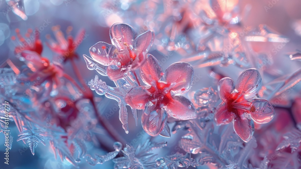 A macro photograph showcasing the exquisite details of pink and red flowers frozen in ice, their graceful forms and vibrant hues captured in a breathtaking abstract background A macro photograph showcasing the exquisite details of pink and red flowers frozen in ice, their graceful forms and vibrant hues captured in a breathtaking abstract background