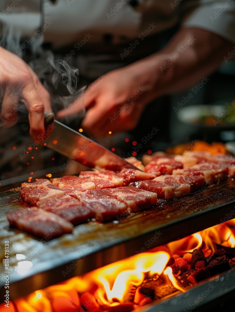 Naklejka premium A chef preparing Wagyu beef in a restaurant. There is an open flame for grilling.