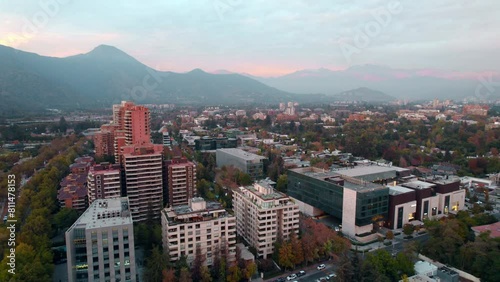 Vitacura district at sunset with the andes in the background, cityscape, aerial view photo