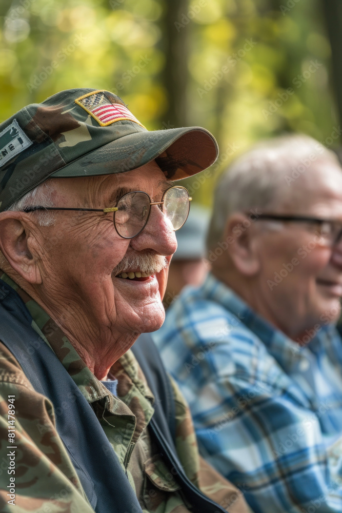 An elderly Caucasian male veteran smiles, wearing a camo cap with an American flag, glasses, and a hearing aid. An elderly Caucasian male veteran smiles, wearing a camo cap with an American flag, glasses, and a hearing aid.
