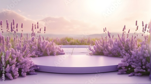 Lavender podium flower background purple product nature platform stand summer 3d table. Cosmetic podium lilac abstract field studio beauty flower spring lavender floral display plant backdrop crystal 