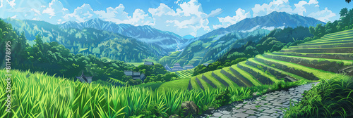 a green terraced field, surrounded by mountains and clouds in the distance, generative AI