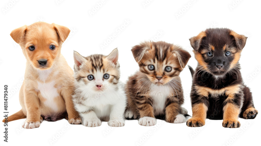 Cute puppy and kitten, cute dogs and cats group isolated on transparent background