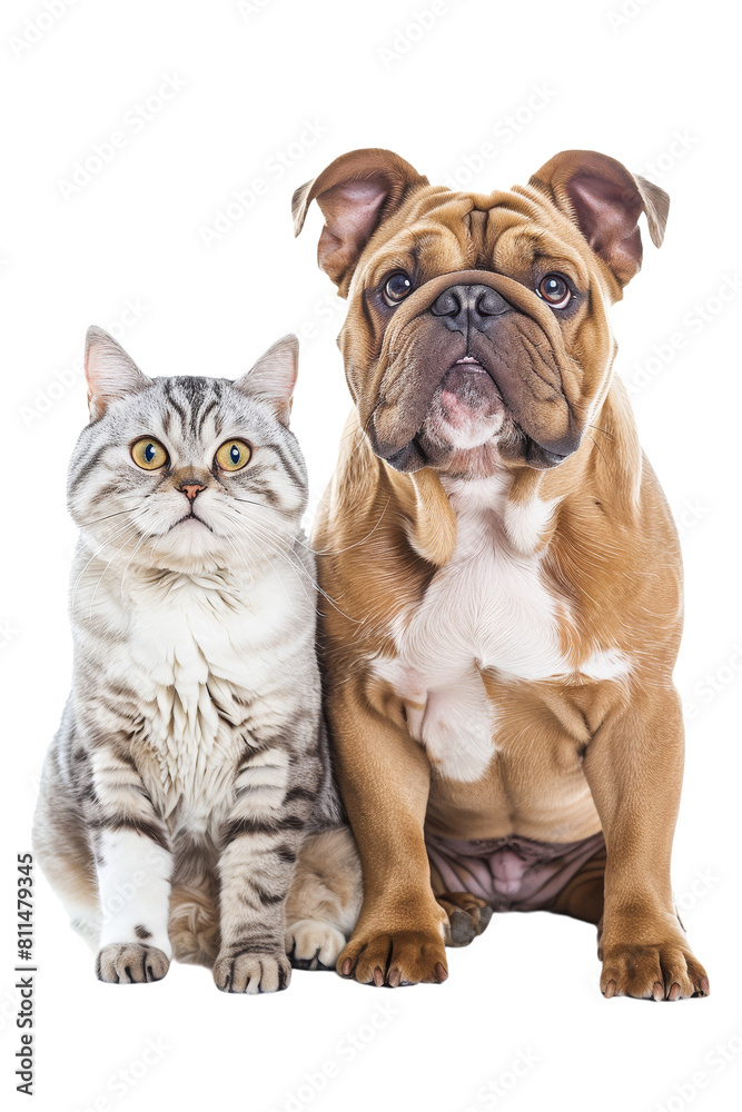 Bulldog and scottish fold cat. Dog and cat isolated on transparent background