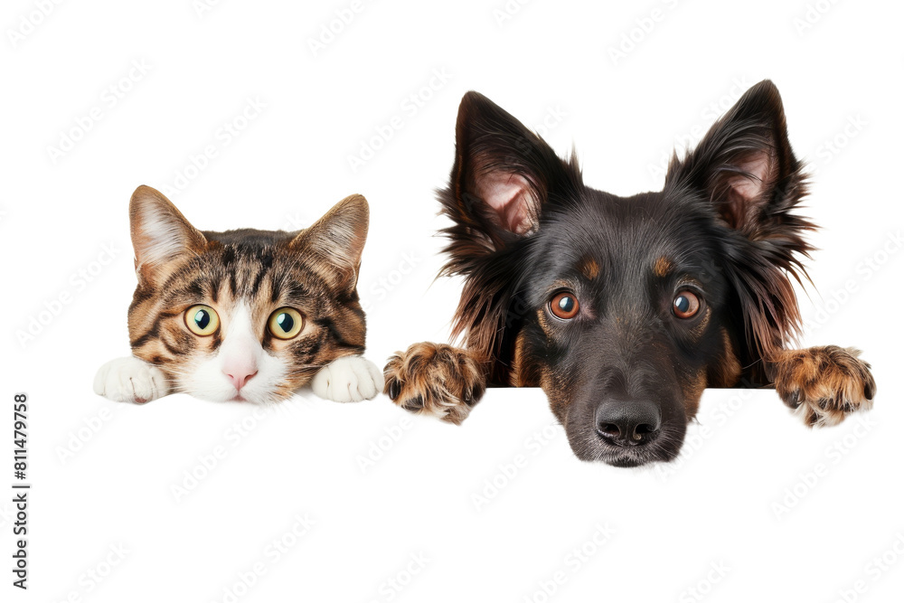 Curious cat and dog hanging or peeking over web banner Curious cat and dog hanging or peeking over web banner