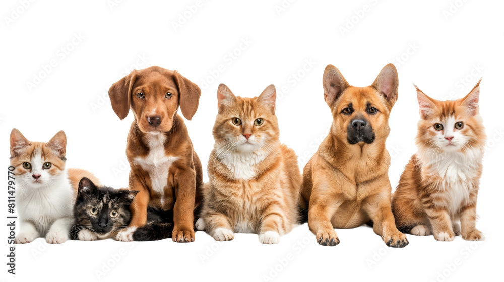 Group of cats and dogs isolated on transparent background