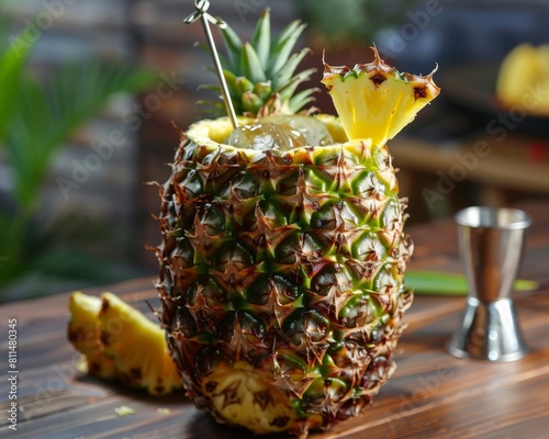Unusual cocktail served in a hollowed-out pineapple, super realistic