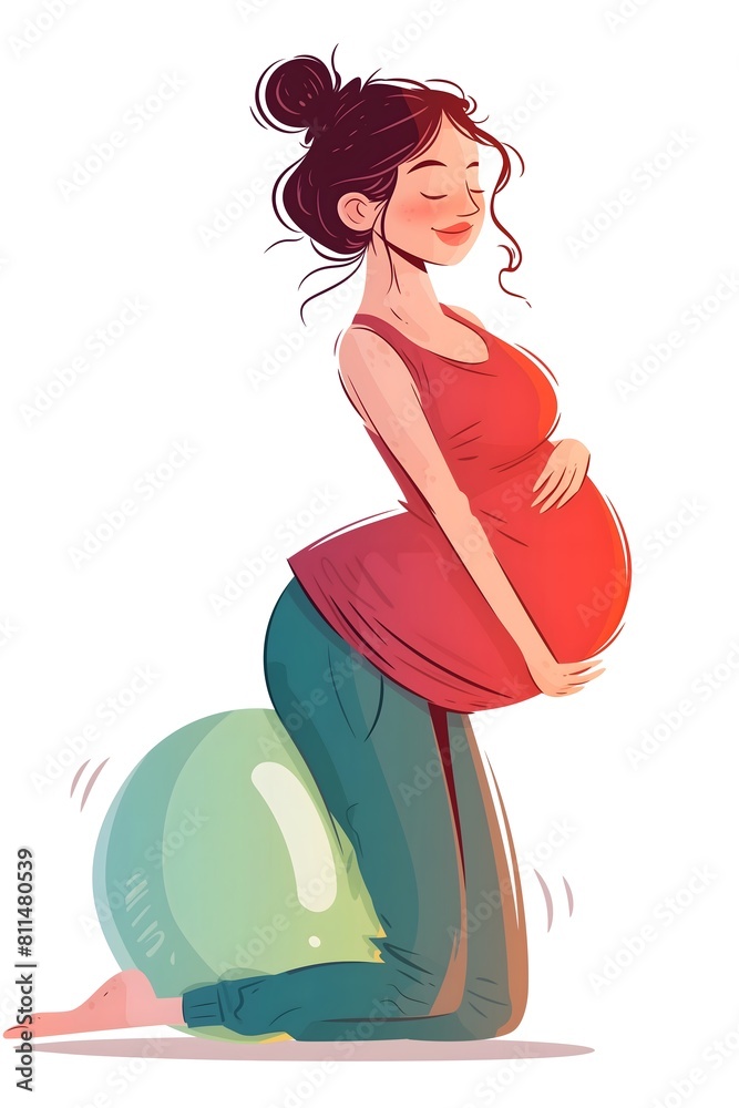 Obraz premium Delightful Cartoon Illustration of a Content Pregnant Woman Kneeling on a Fitness Ball, Emphasizing Joyful Prenatal Exercise