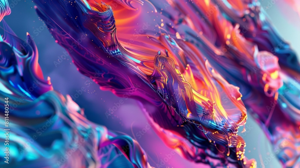 A mesmerizing generative art design showcasing fluid data flow, with vibrant shapes and lines gracefully intertwining in an intricate dance of movement and connectivity