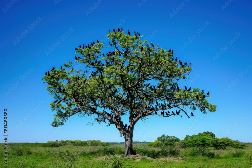 A scenic view of a large tree filled with black birds under a clear blue sky. The tree stands prominently in a lush green field.