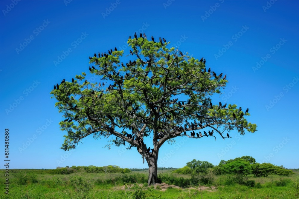 A scenic view of a large tree filled with black birds under a clear blue sky. The tree stands prominently in a lush green field. A scenic view of a large tree filled with black birds under a clear blue sky. The tree stands prominently in a lush green field.
