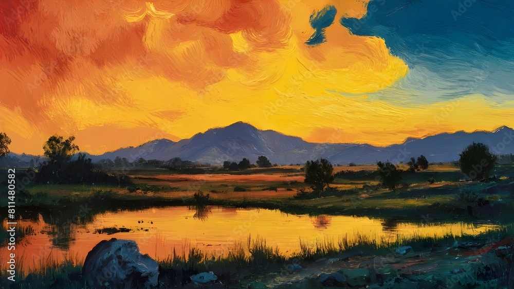 A painting of a mountain range and a lake with a sunset in the background.