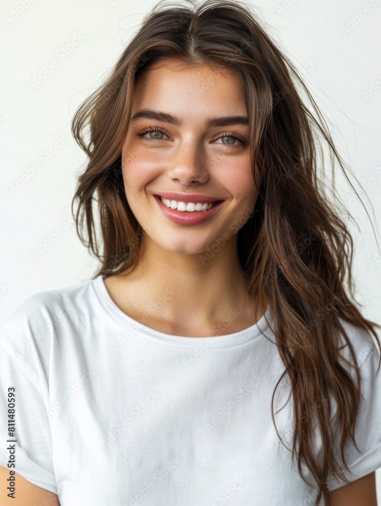 Woman wearing white tshirt mockup created with generative AI Woman wearing white tshirt mockup created with generative AI