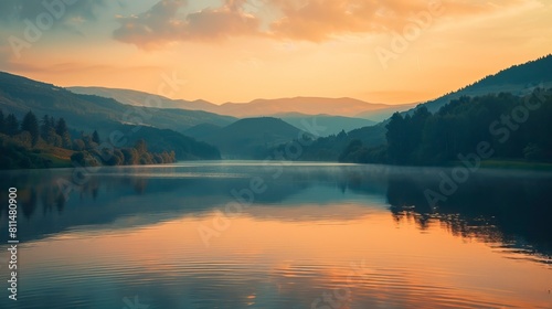 A lake in the mountains at the dawn of the sun