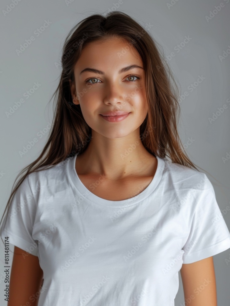 Woman wearing white tshirt mockup created with generative AI Woman wearing white tshirt mockup created with generative AI