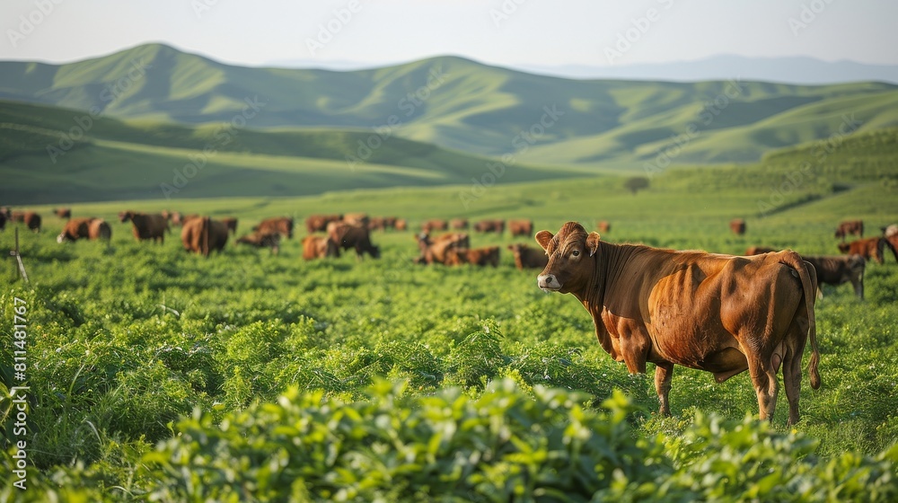 Fototapeta premium Cows on a cattle ranch on a beautiful wide open farm with mountains in the background. 