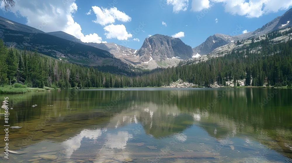 A mountain lake with a forest and a mountain in the background A mountain lake with a forest and a mountain in the background