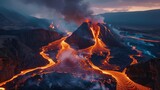 A mesmerizing sight of the Alitli-Hr??tur volcanic eruption, with molten lava flowing down the mountainside, 