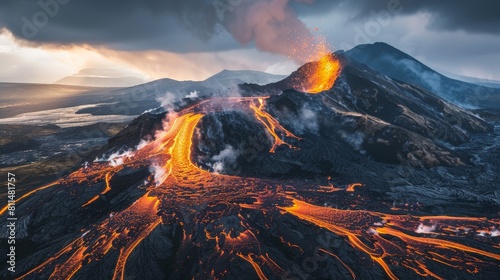 A mesmerizing sight of the Alitli-Hr??tur volcanic eruption, with molten lava flowing down the mountainside,  photo