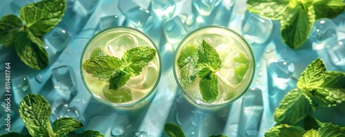 A flat design top view of a mint julep cocktail fits perfectly into a party theme, enhanced by watercolor in an analogous color scheme.