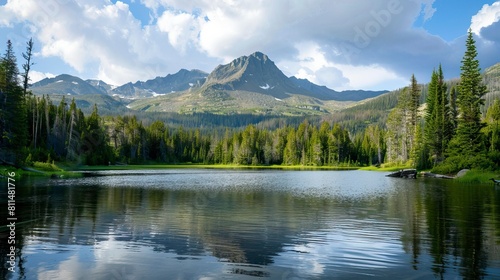 A mountain lake with a forest and a mountain in the background