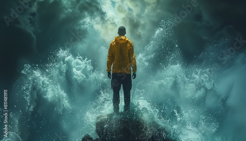Man standing on a rock amidst stormy seas