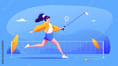 Illustration of Energetic Woman Playing Badminton with Shuttlecock Art