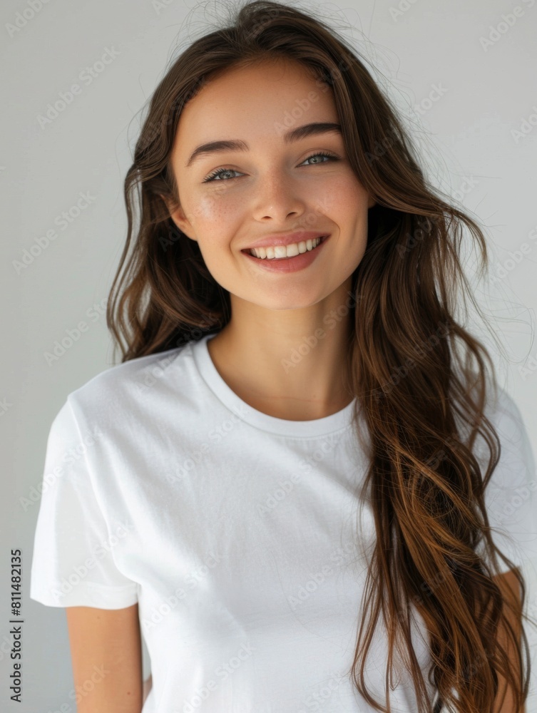 Woman wearing white tshirt mockup created with generative AI Woman wearing white tshirt mockup created with generative AI