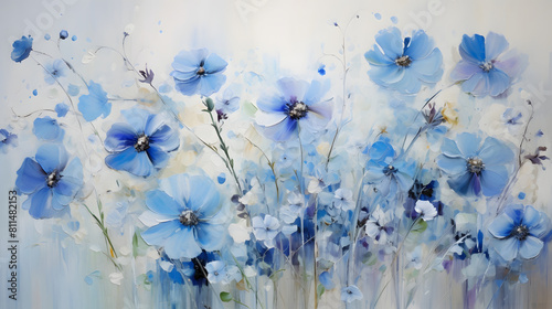 Thick brush strokes impressionistic small blue flowers background poster decorative painting 