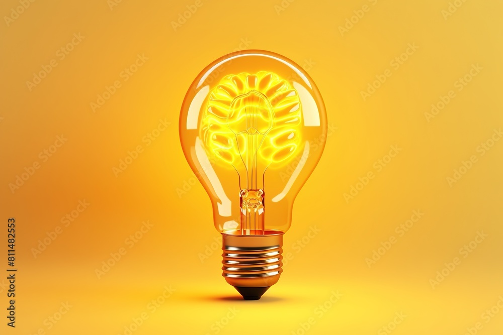 Lightbulb Shaped Brain on Yellow Background, Symbolizing Creative Ideas and Brainstorming Lightbulb Shaped Brain on Yellow Background, Symbolizing Creative Ideas and Brainstorming