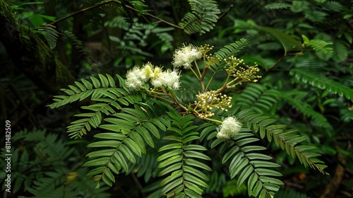 A photo capturing Mimosa hostilis (Jurema), showcasing its fern-like leaves, white flowers