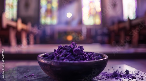A poignant image depicting purple ashes in a ceremonial dish  symbolizing the solemnity of Ash Wednesday  with a blurred background of an empty church sanctuary