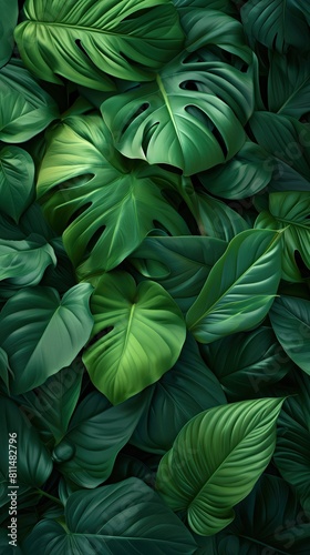 Tropical Leaves Green Foliage Macro Jungle Leaf Pattern Art Wallpaper, Contemporary Game App Artwork Background, Vibrant Marketing Backdrop Concept, Advertising Web Graphic, Vertical Banner Design