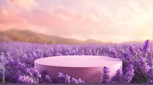 Lavender podium flower background purple product nature platform stand summer 3d table. Cosmetic podium lilac abstract field studio beauty flower spring lavender floral display plant backdrop crystal 