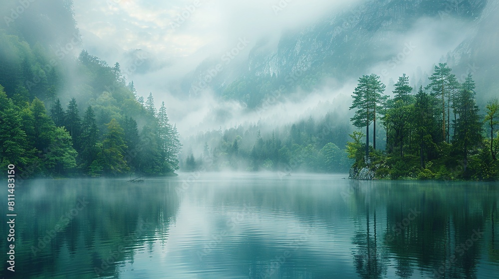 Fog blankets a tranquil lake nestled among trees on a mountain, creating a serene and mystical scene. Generative AI Fog blankets a tranquil lake nestled among trees on a mountain, creating a serene and mystical scene. Generative AI