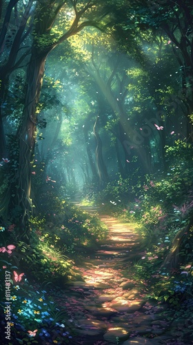 Forest Trail Trees Pathway Nature Walk Hiking Path Camping Road Butterflies Art Wallpaper, Natural Game App Background, Fantasy Backdrop Concept, Web Graphic, Vertical Youtube Twitch Banner Design © Jensen Art Co