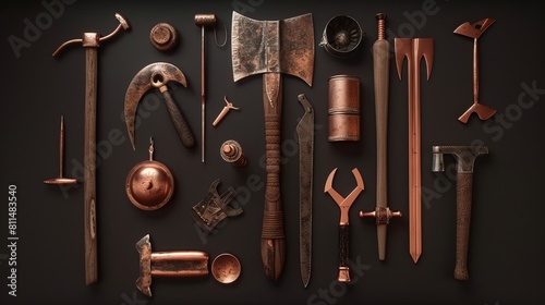 Render a detailed image of Copper Age tools and weaponry, super realistic photo