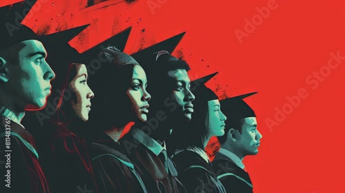 Modern poster design featuring a group of graduates in caps and gowns