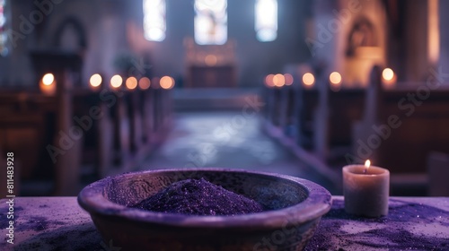A solemn and reverent depiction of purple ashes in a ceremonial dish, representing the observance of Ash Wednesday, set against the blurred background of an empty church nave