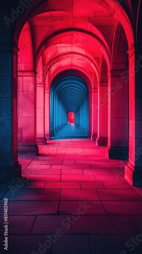 Neon Lit Hallway Outdoor Lighting Columns Architecture Digital Art Wallpaper, Radiant Game App Artwork Background, Backdrop Concept, Advertising Web Graphic, Vertical Youtube and Twitch Banner Design