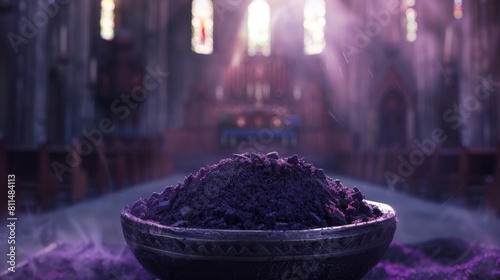 A solemn and reverent depiction of purple ashes in a ceremonial dish, representing the observance of Ash Wednesday, set against the blurred background of an empty church nave