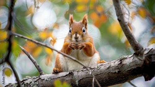 Red squirrel perched on a tree branch with its arms folded photo