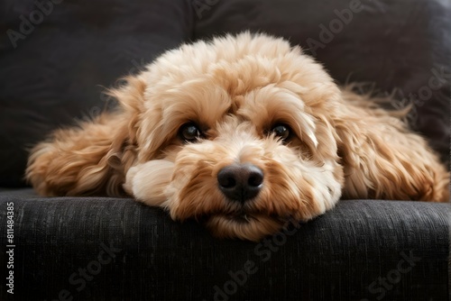 brown poodle on a black and gray couch