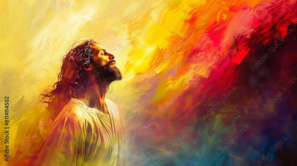 Radiant color gradients blending seamlessly with Jesus' image